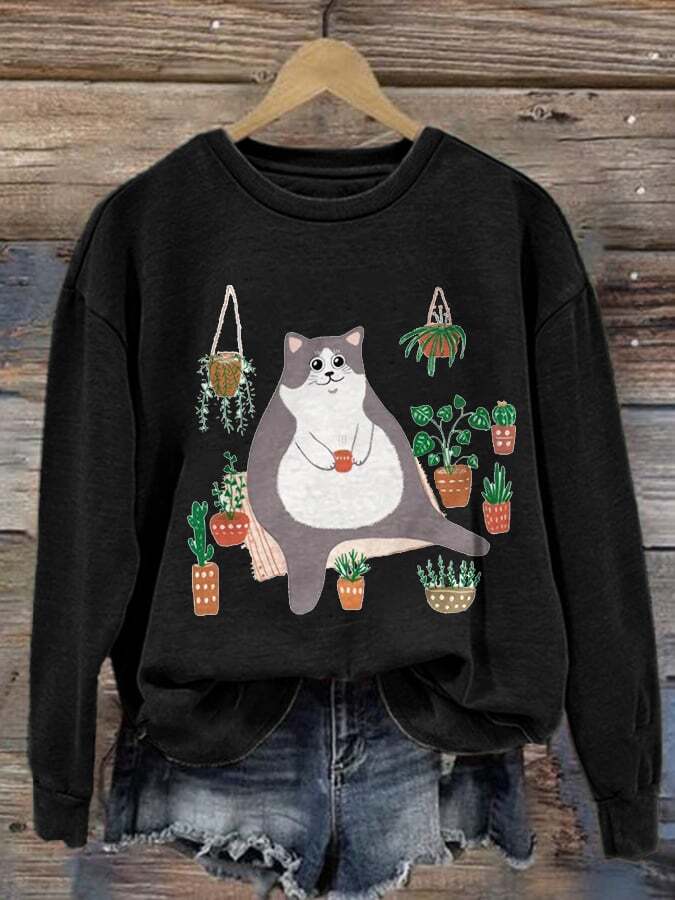 Women'S Cat Print Casual Long-Sleeved Sweatshirt