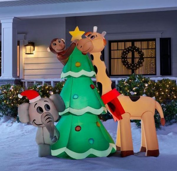 Christmas-6 ft inflatable giraffe and elephant with tree scene