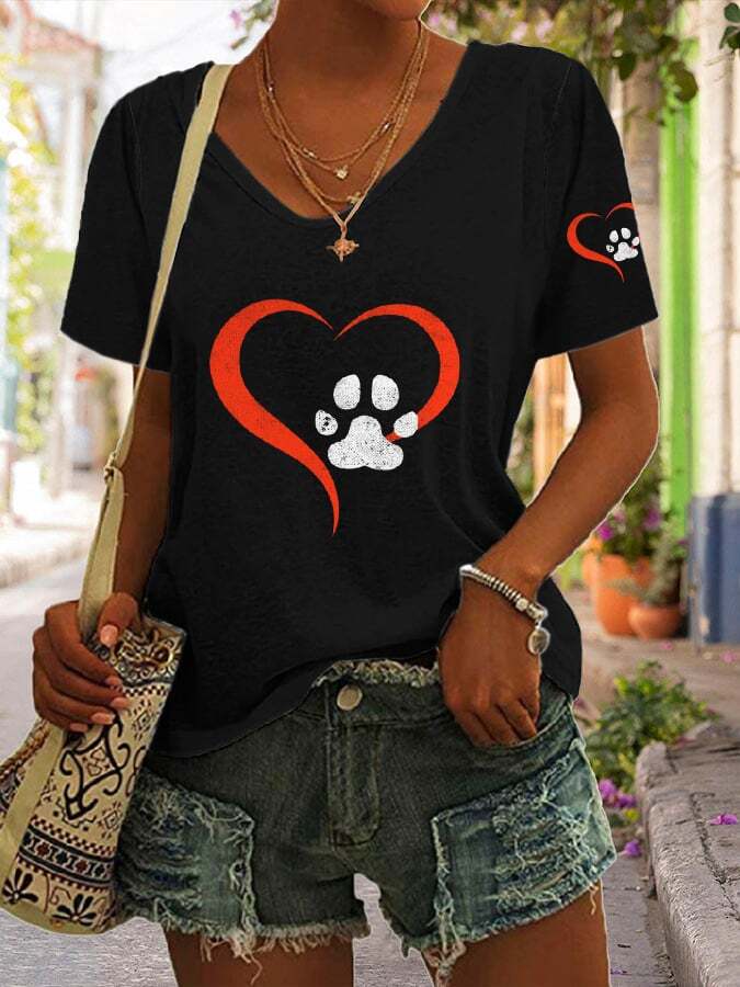 Women's Dog Paw Heart Print Short Sleeve T-Shirt
