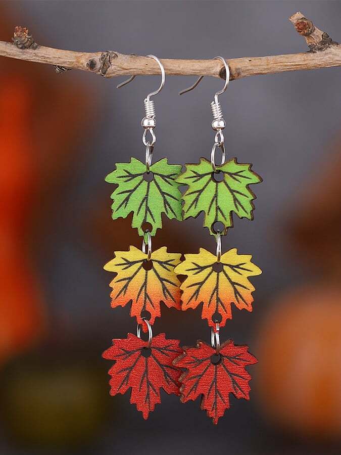 Women's Thanksgiving Colorful Maple Leaf Double sided Wood Earrings