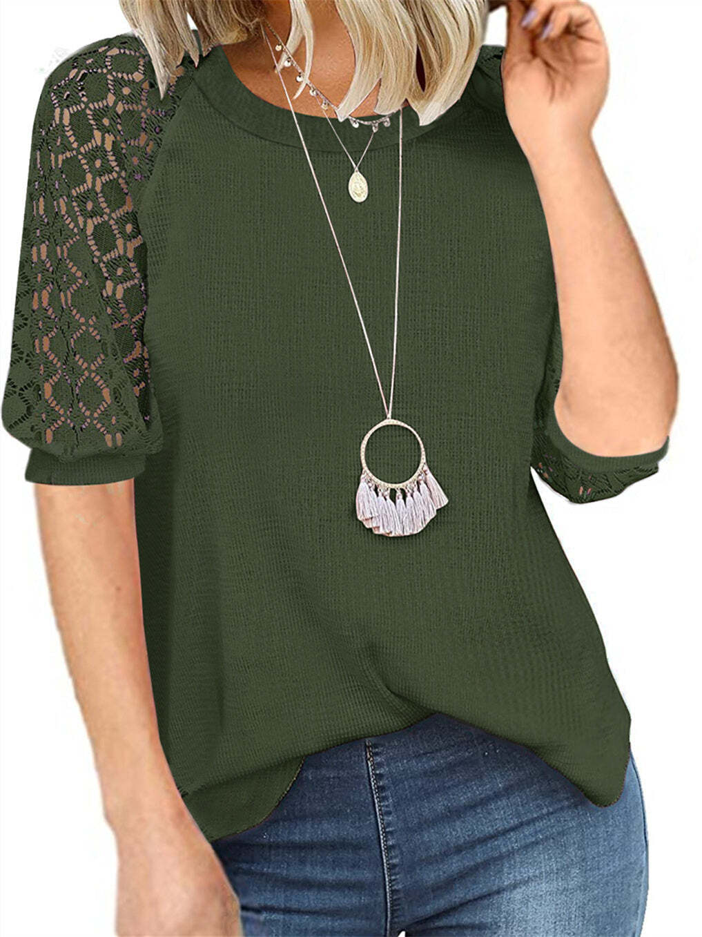 Women's Short Sleeve Scoop Neck Hollow Lace Top