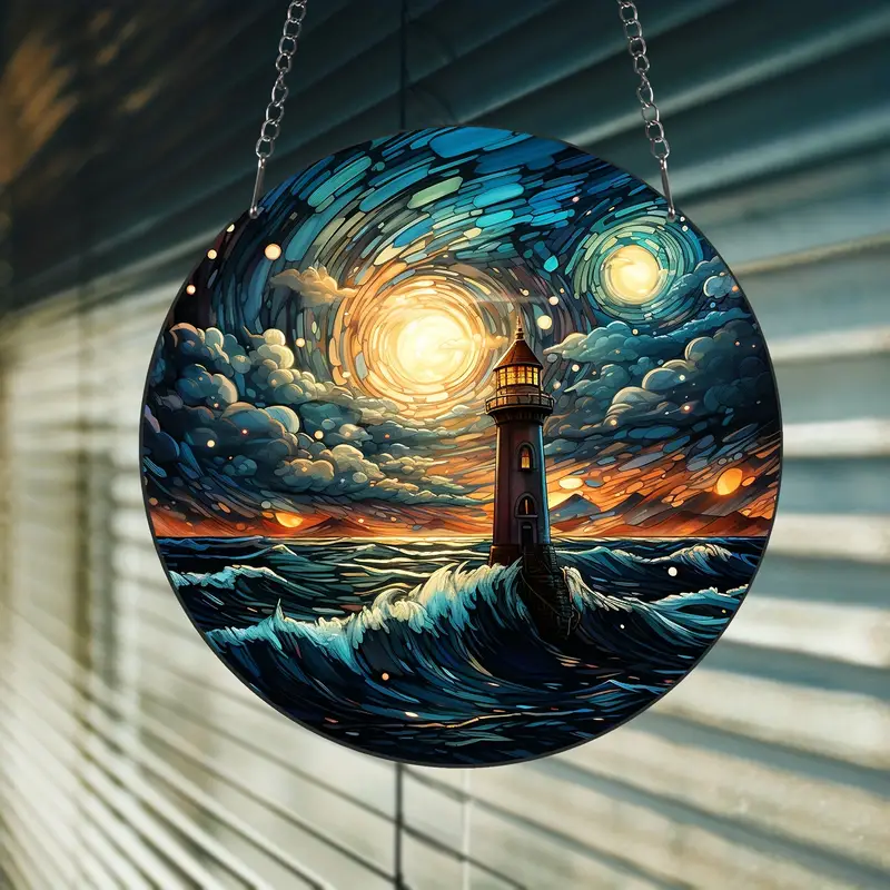 1pc Lighthouse Art Stained Window Hanging Suncatcher Decorative Stained Sun Catcher Hanging Art Decoration For Wall Or Window Decor
