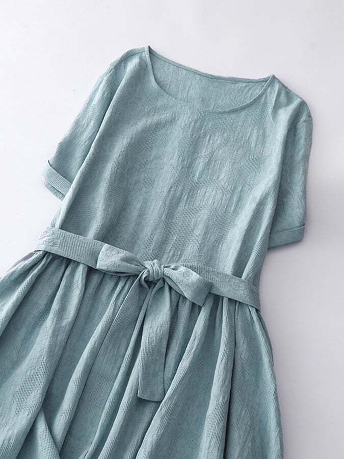 Simple Literary Jacquard Mid-Length Short-Sleeved Dress