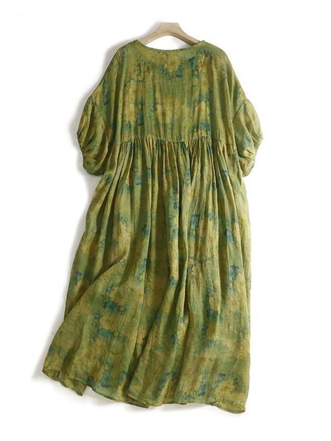 Cotton And Linen Round Neck Ethnic Retro Printed Dress