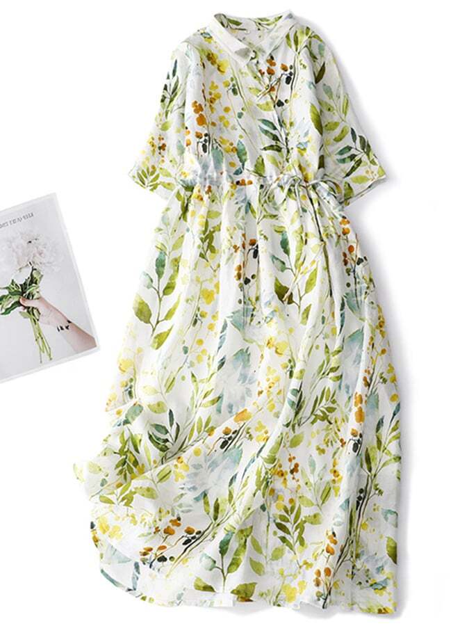 Retro Buckle Loose Waist Neck Temperament Age Reducing Fresh Floral Dress