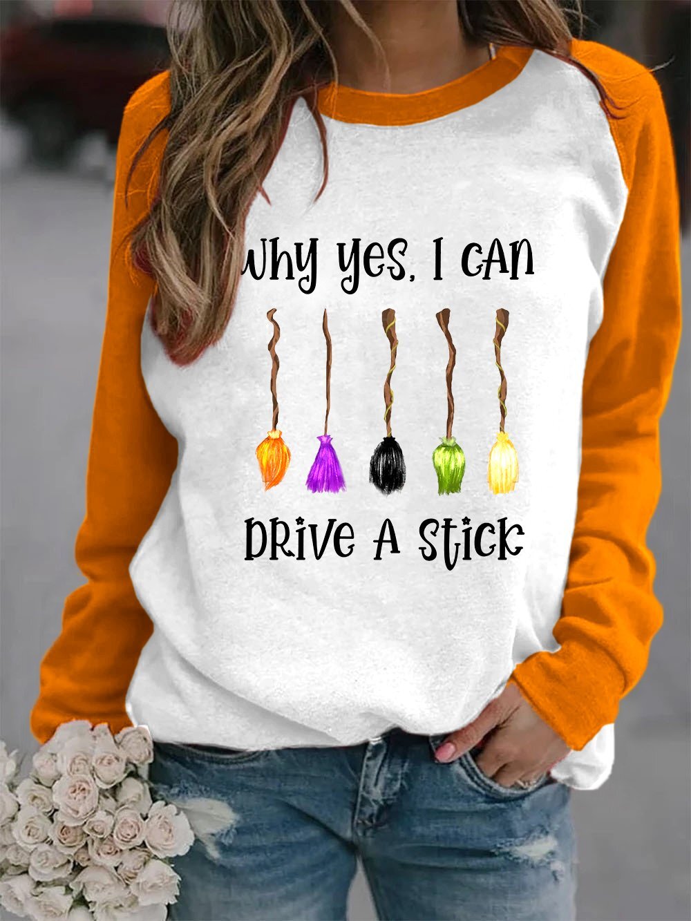 Women's Funny Halloween Why Yes, I Can Drive A Stick Broom Print Sweatshirt