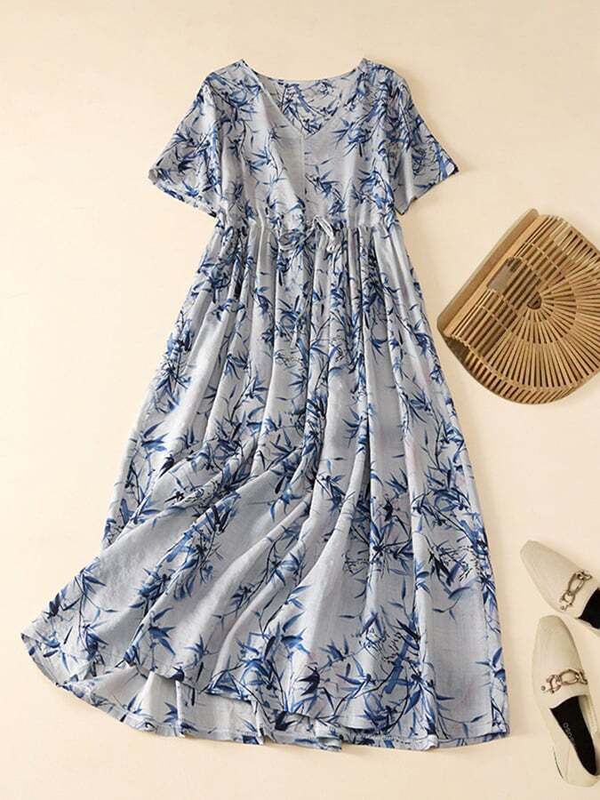 Cotton And Linen Printed Retro Loose V-Neck Short Sleeved Dress