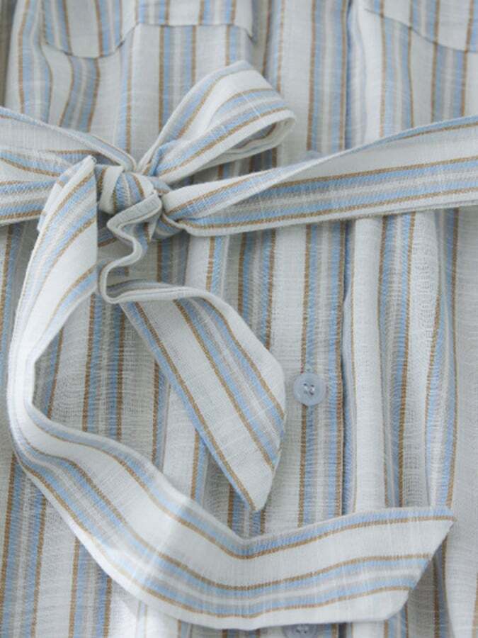 Waist Tie Vertical Stripe Polo Collar Short-Sleeved Dress