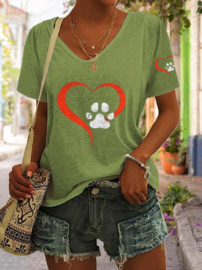 Women's Dog Paw Heart Print Short Sleeve T-Shirt