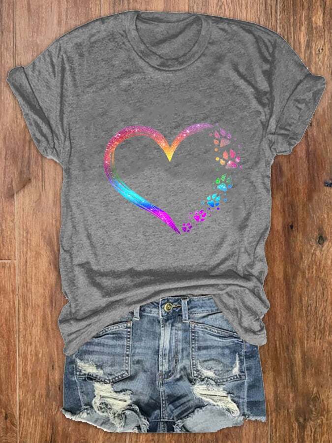 Women's Colorful Heart Dog Paw Print T-shirt