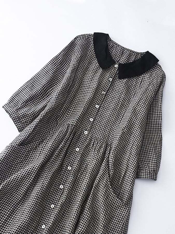 Cotton And Linen Plaid Shirt Collar Dress
