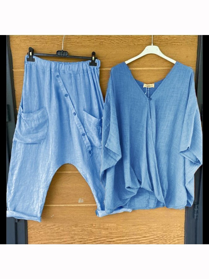Women's loose v-neck top and drop pants two-piece set