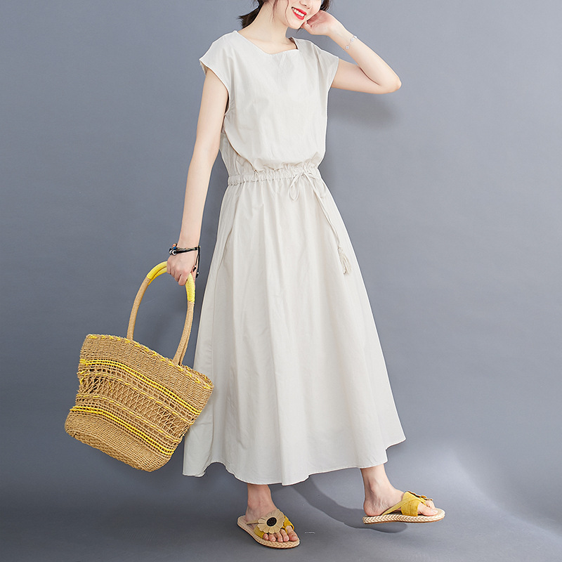 Finneyy Solid Color Casual Drawstring Vintage Dress