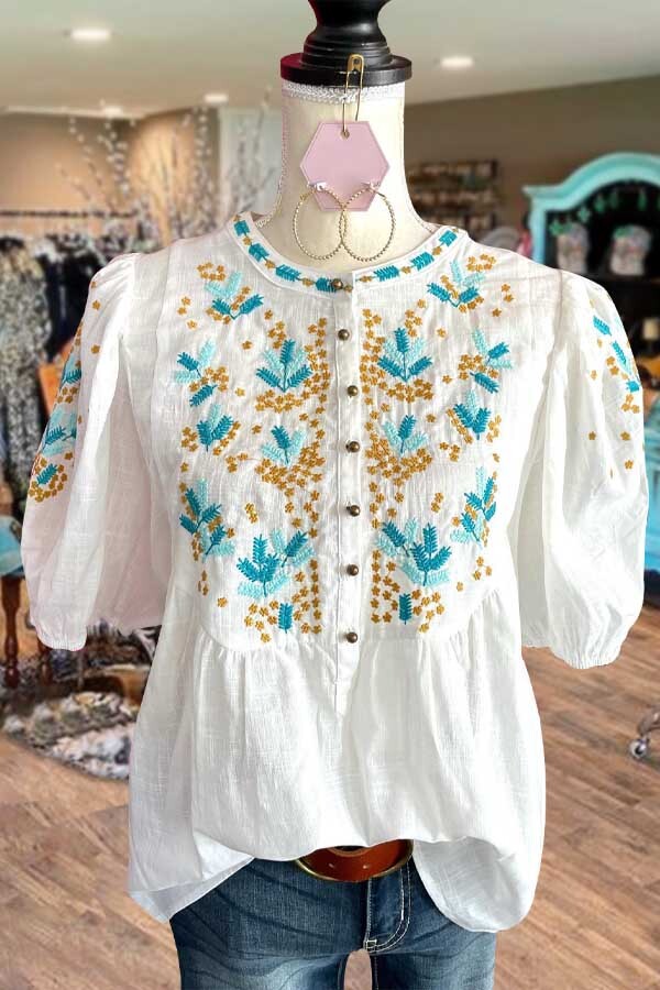 Floral Embroidered Bubble Sleeve Top