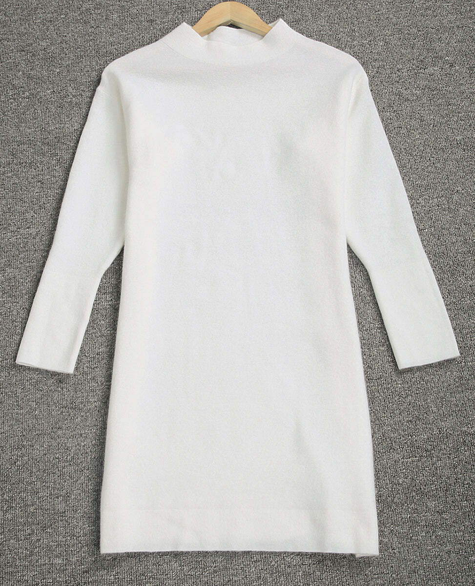 Simple Plain Mock Neck Mini Sweater Dress