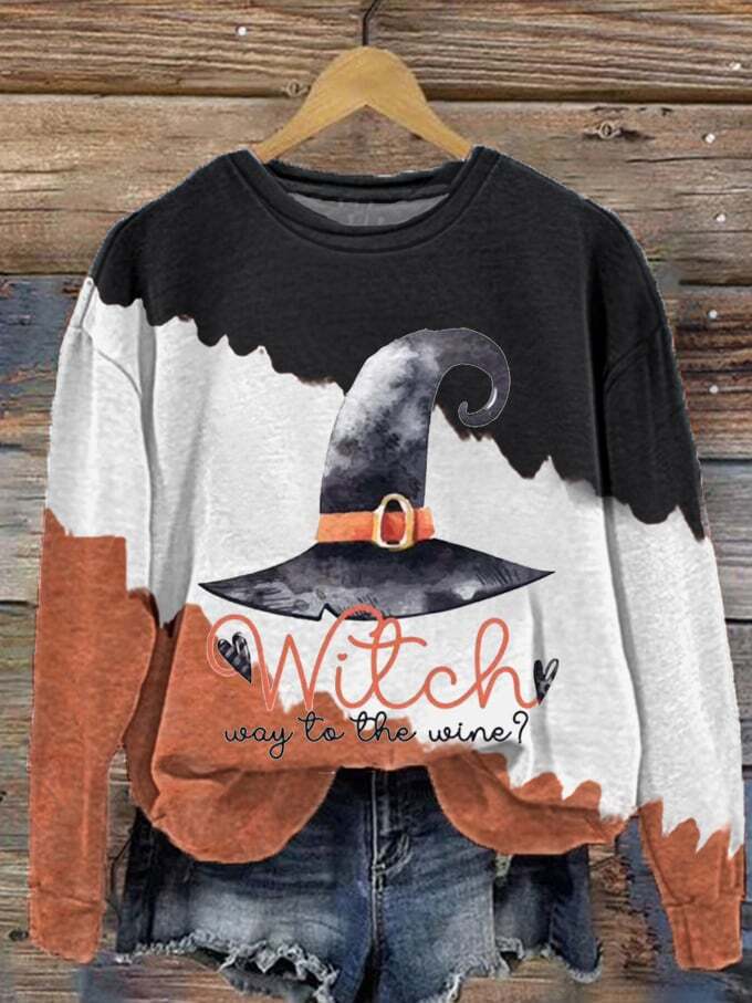 Women's Halloween Wicth Way To The Wine Print Sweatshirt