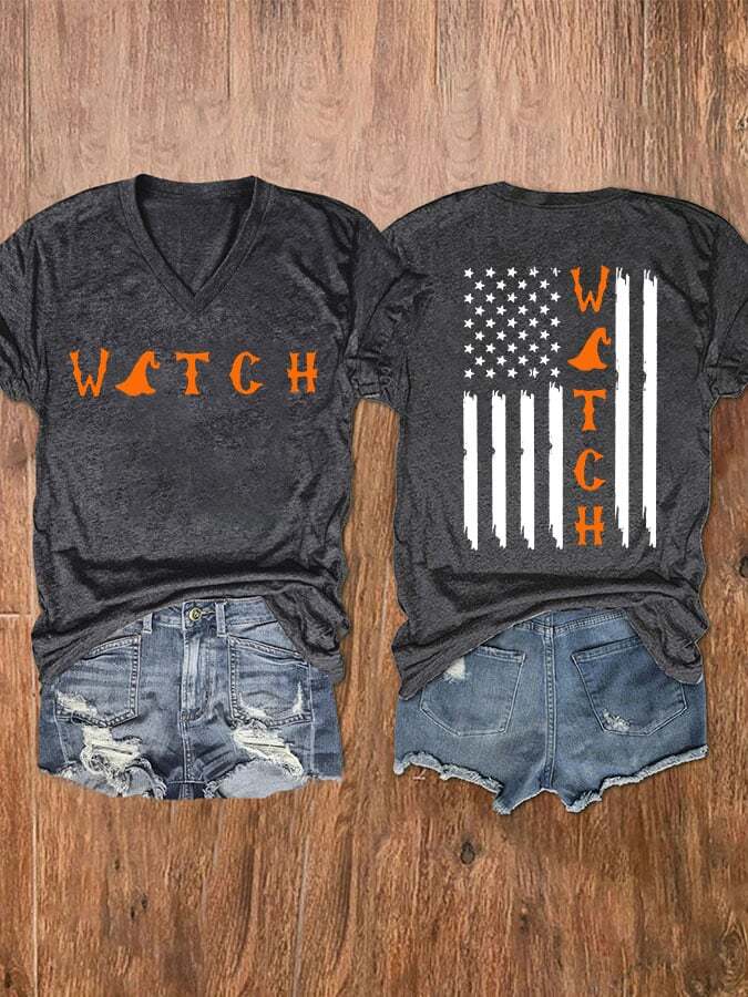 Women's Halloween Witch American Flag Print V-Neck T-Shirt
