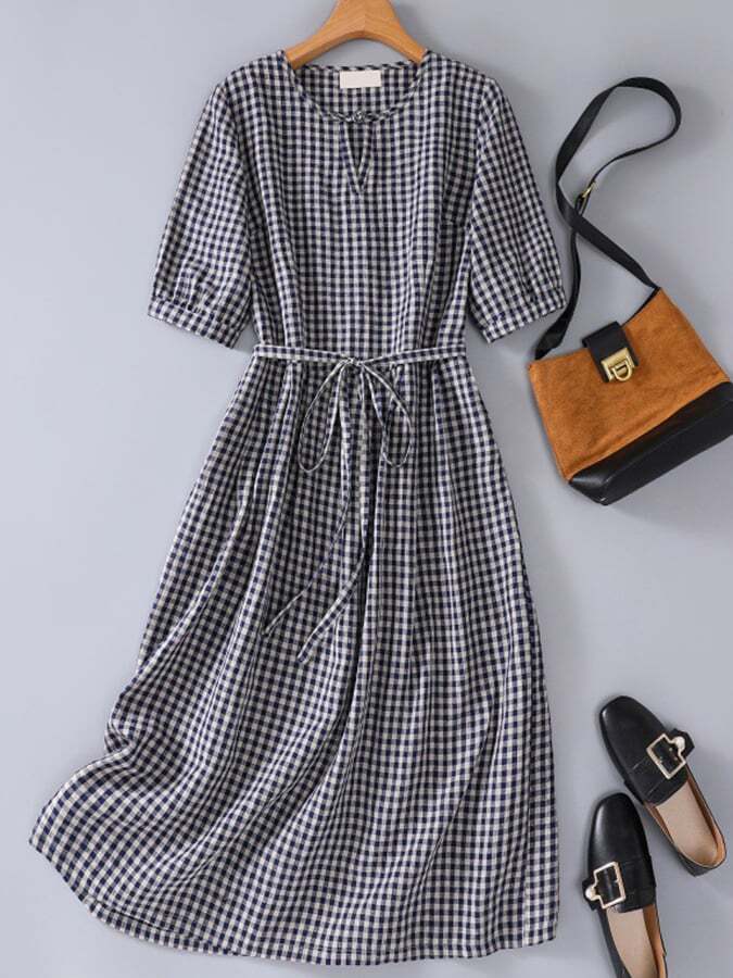 Cotton And Linen Retro Loose And Slim Plaid Waistband Dress