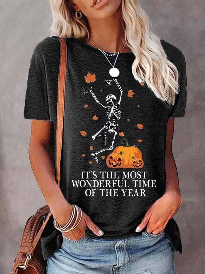 Women's It's The Most Wonderful Time of The Year Fall Drinking Pumpkin Skull T-Shirt
