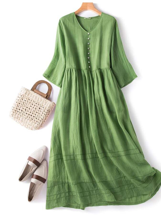 Cotton and Linen Double Layer Lined Solid Color Dress