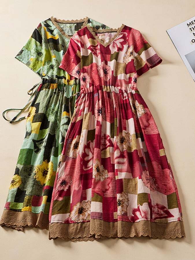 Cotton Linen Short Sleeve Floral Mosaic Dress
