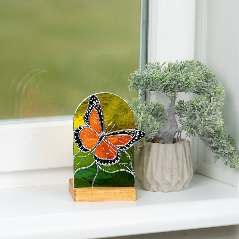Monarch butterfly stained glass panel stained glass candle holder
