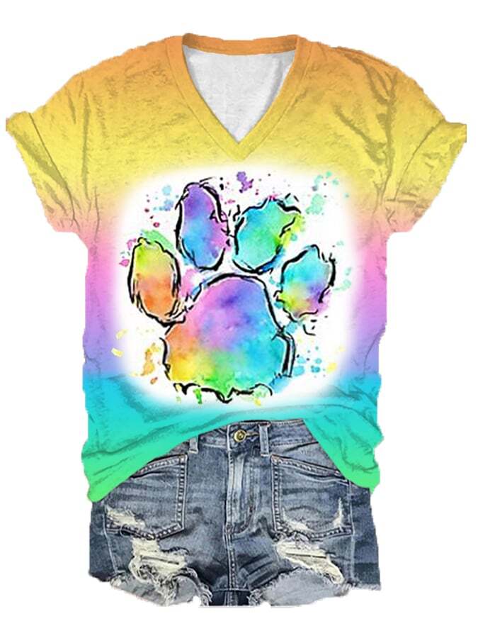 Women's Colorful Watercolor Paw Print Dog Lovers V-Neck Tee