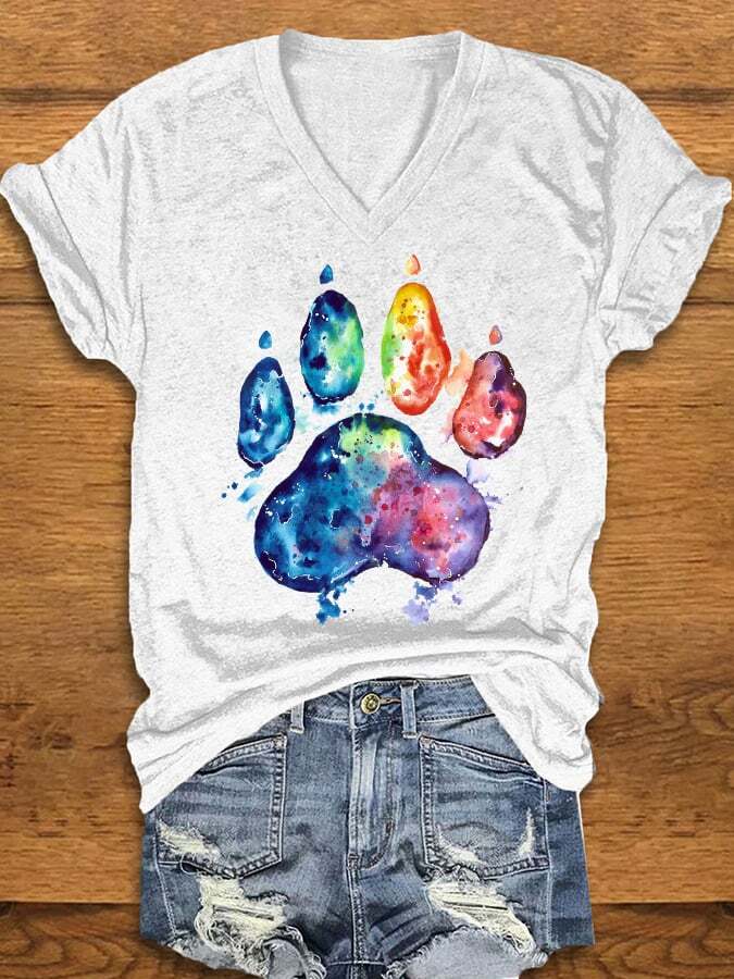 Women's Watercolor Dog Paw Print V-Neck T-Shirt