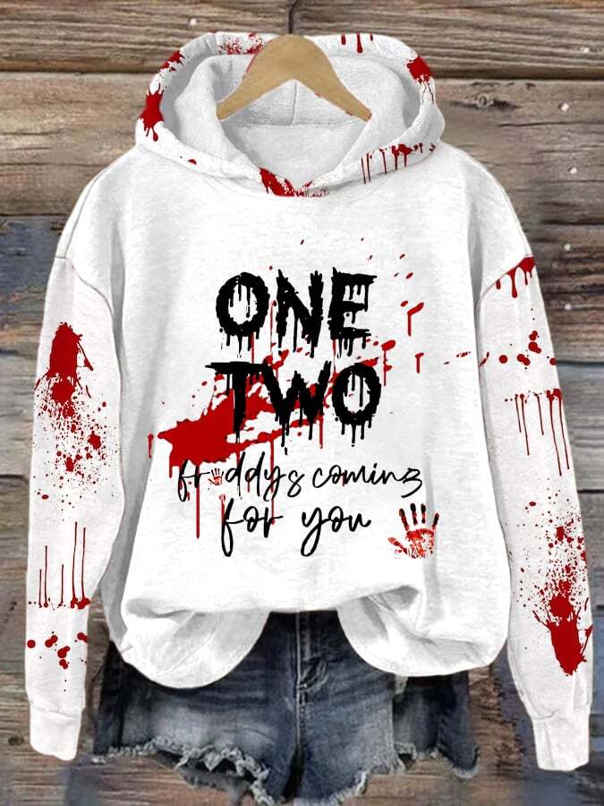 Women's Funny Halloween Bloody One, Two, Freddy's Coming For You Casual Hoodie