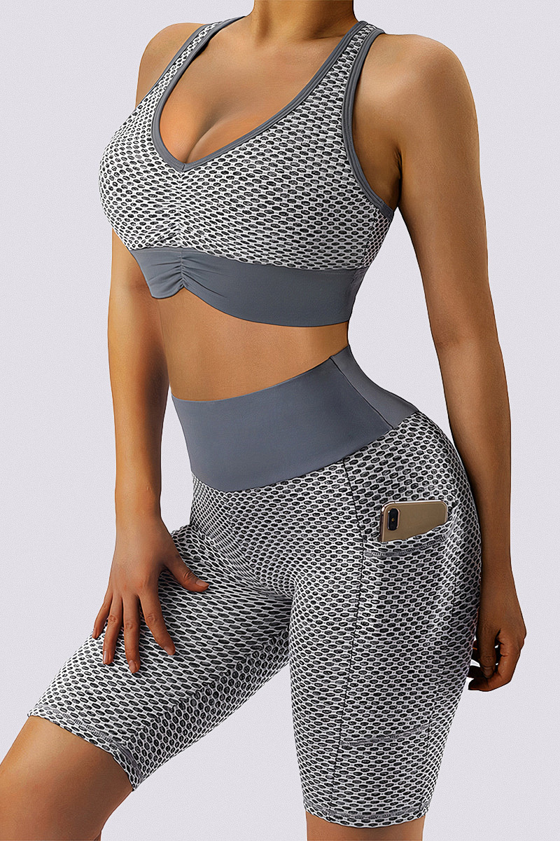 Textured Ruched Sports Bra & Biker Shorts Set