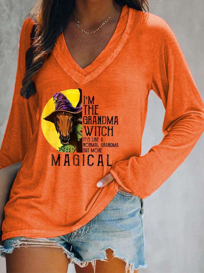 Women's Halloween I'm the Grandma Witch Print V-Neck Top