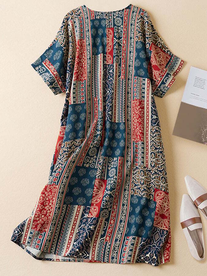 Loose Cotton And Linen Comfortable Retro Printed Dress
