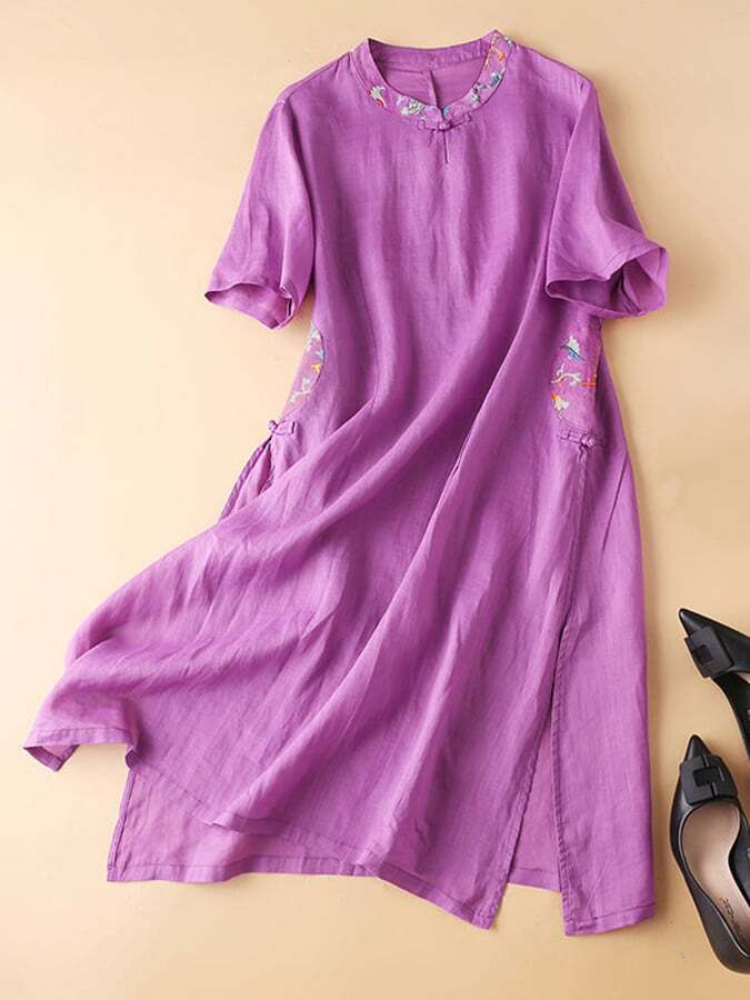 Vintage Printed Standing Neck Short Sleeved Dress