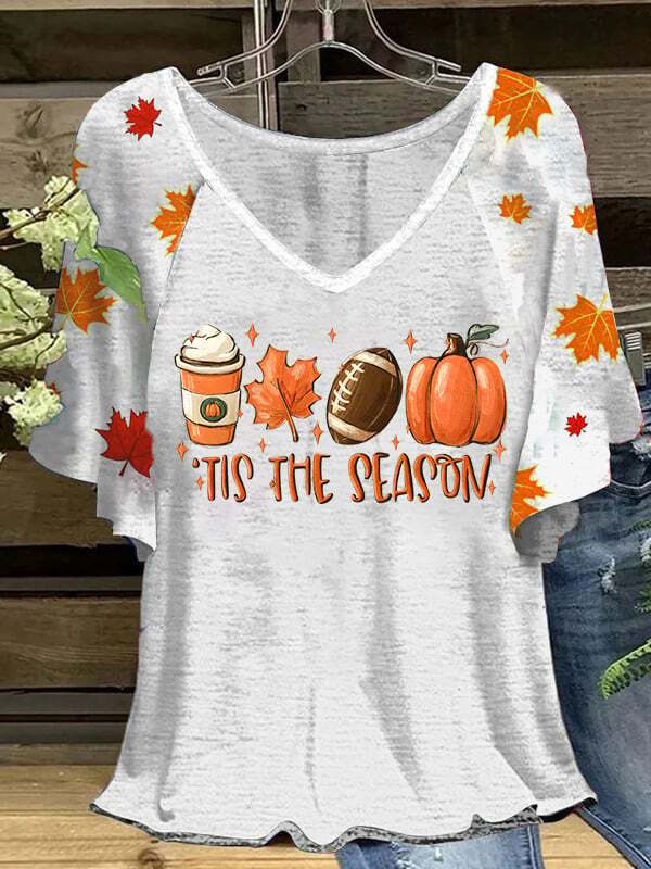 Autumn Pumpkin Plaid Stitching Print Short-Sleeved T-shirt