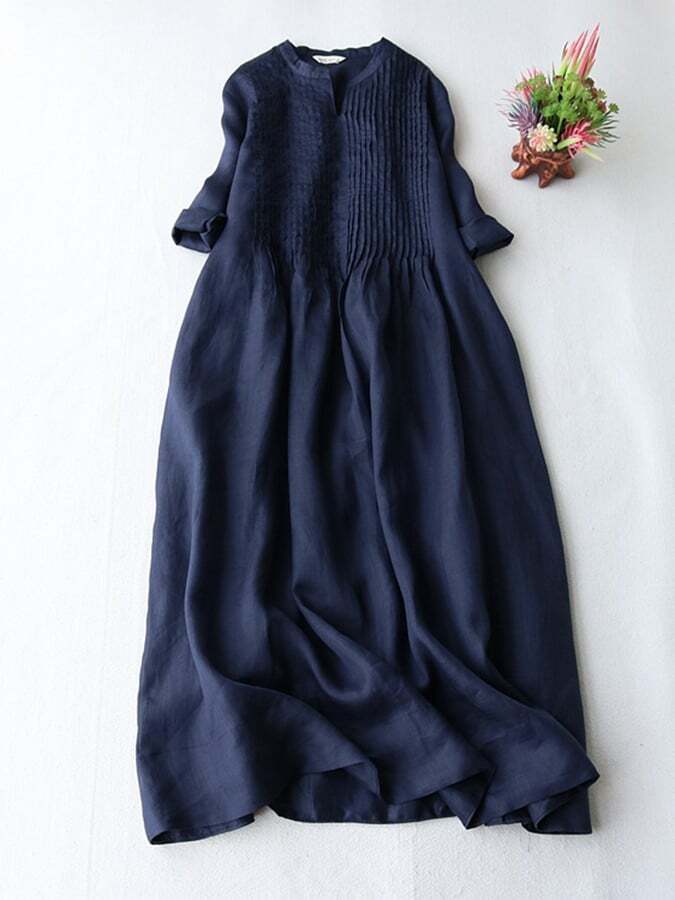 Elegant Pleated Loose Cotton Linen Dress