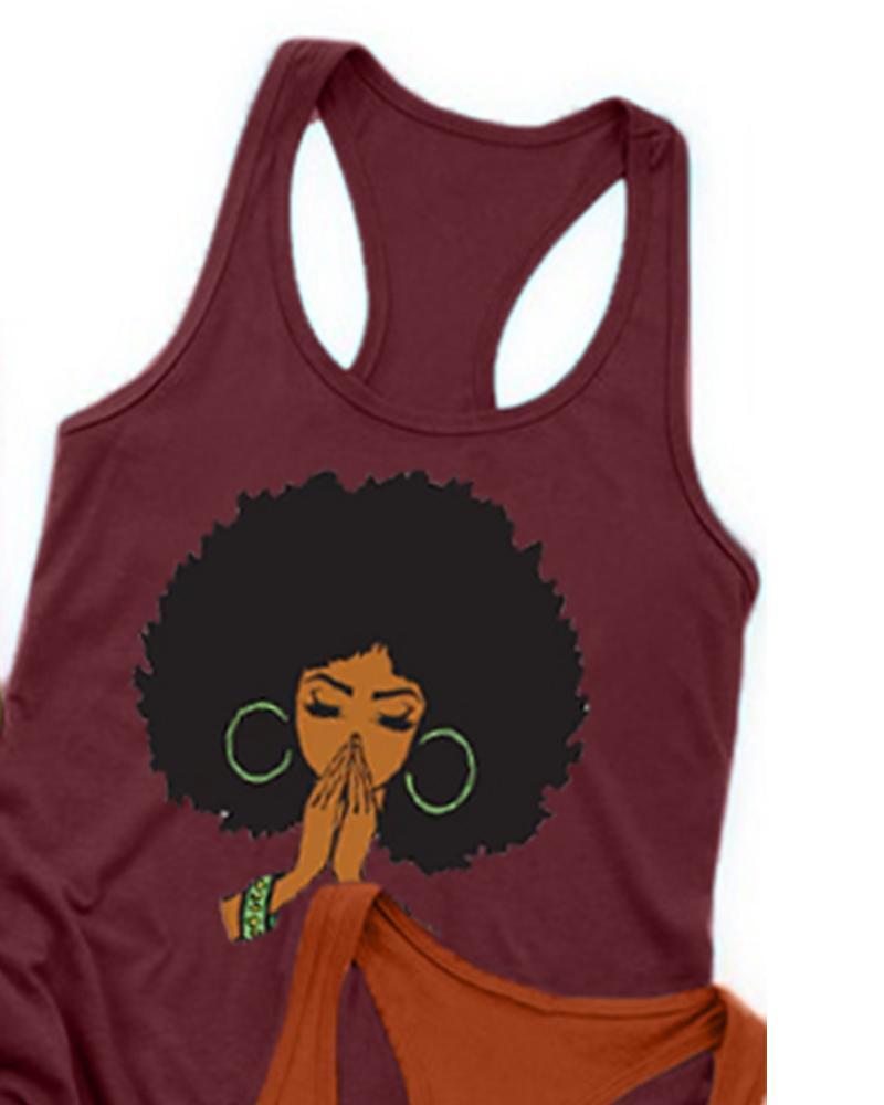 Cotton Fashion Black Girl Cartoon Avatar Print Racerback Tank Top