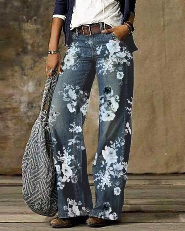 Casual Vintage Floral Printed Pants