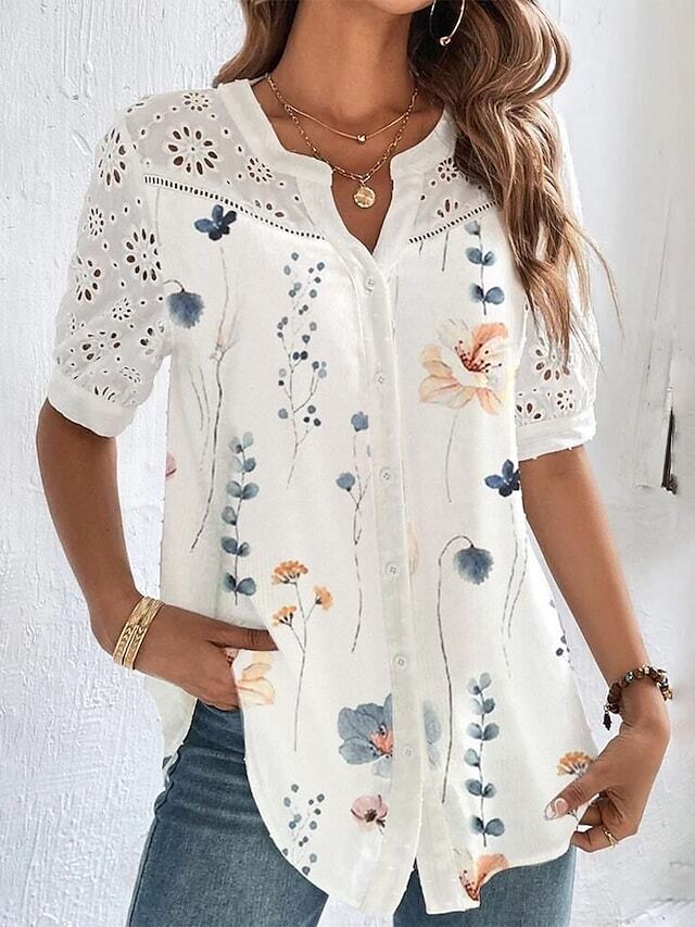 Women's Shirt Blouse White Eyelet Tops Black Pink Red Floral Lace Button Short Sleeve Casual Basic V Neck Regular Floral S