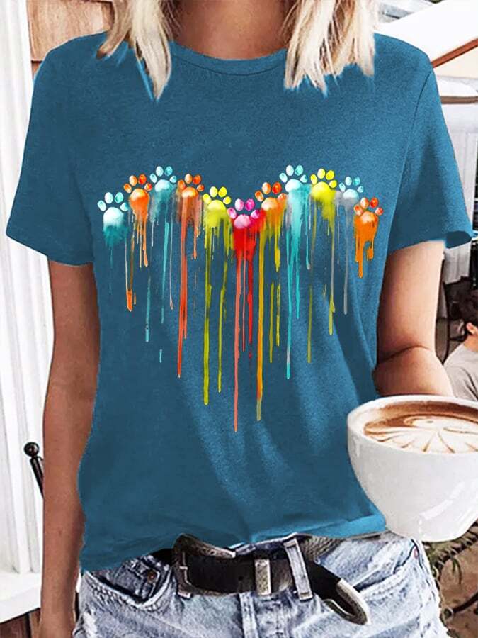 Women's Colorful Dog Paw Heart Print T-Shirt
