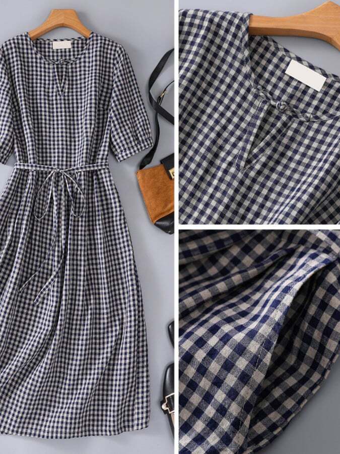 Cotton And Linen Retro Loose And Slim Plaid Waistband Dress