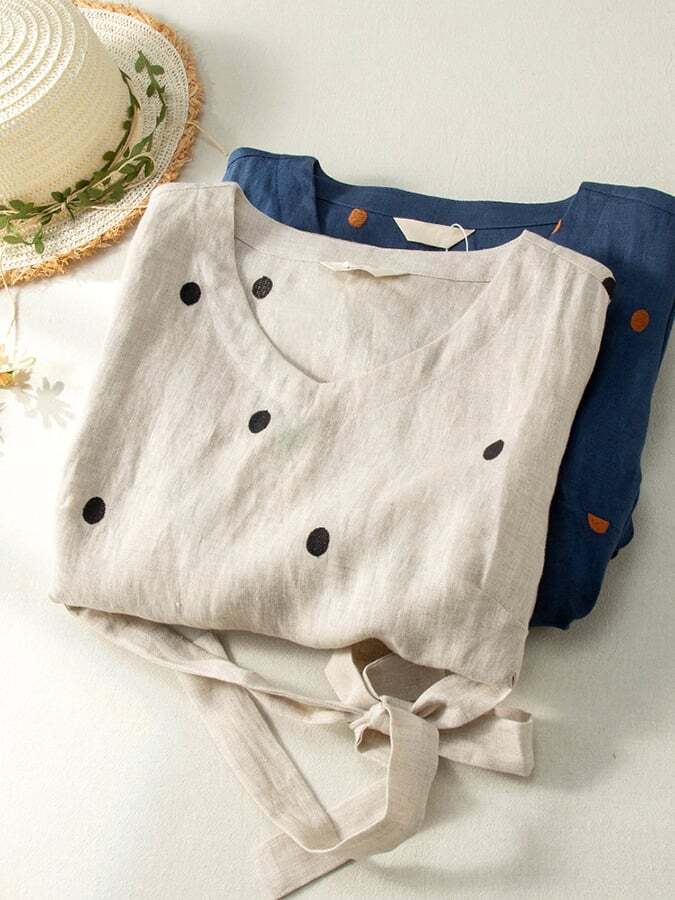 Cotton And Linen Printed Polka Dot Artistic Waistband Dress