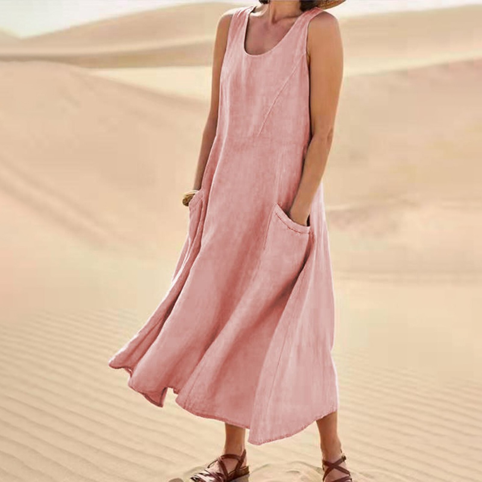 Women's Sleeveless Cotton And Linen Dress