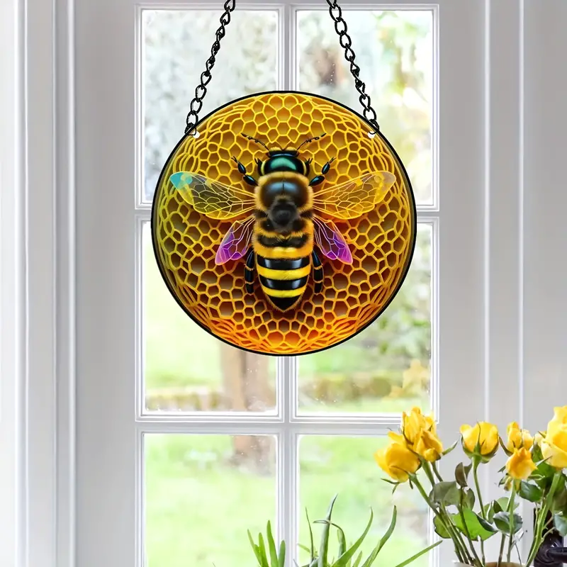 Suncatcher Home Decoration Bee Panel Stain Glass Waterproof Acrylic Door Window Sign Hanging Decoration