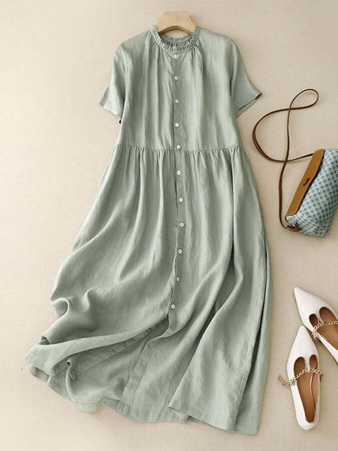 Artistic Loose Solid Short Sleeve Dress