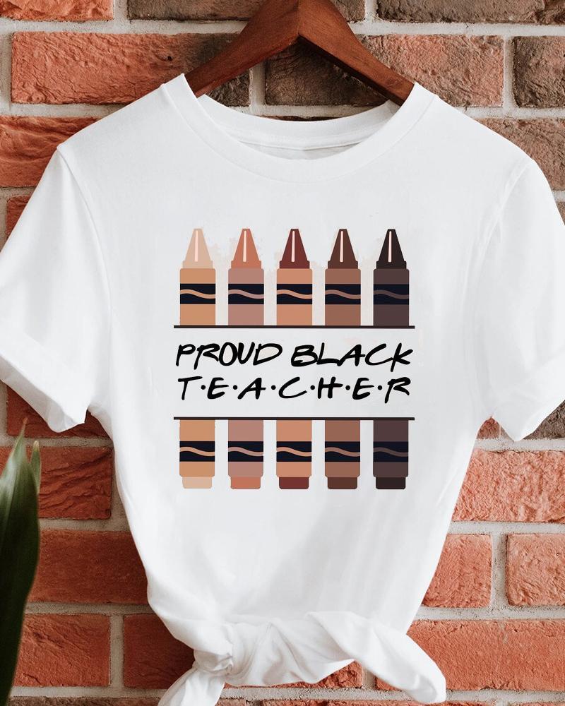 Black Crayon Print Round Neck Short Sleeve Ladies T-Shirt