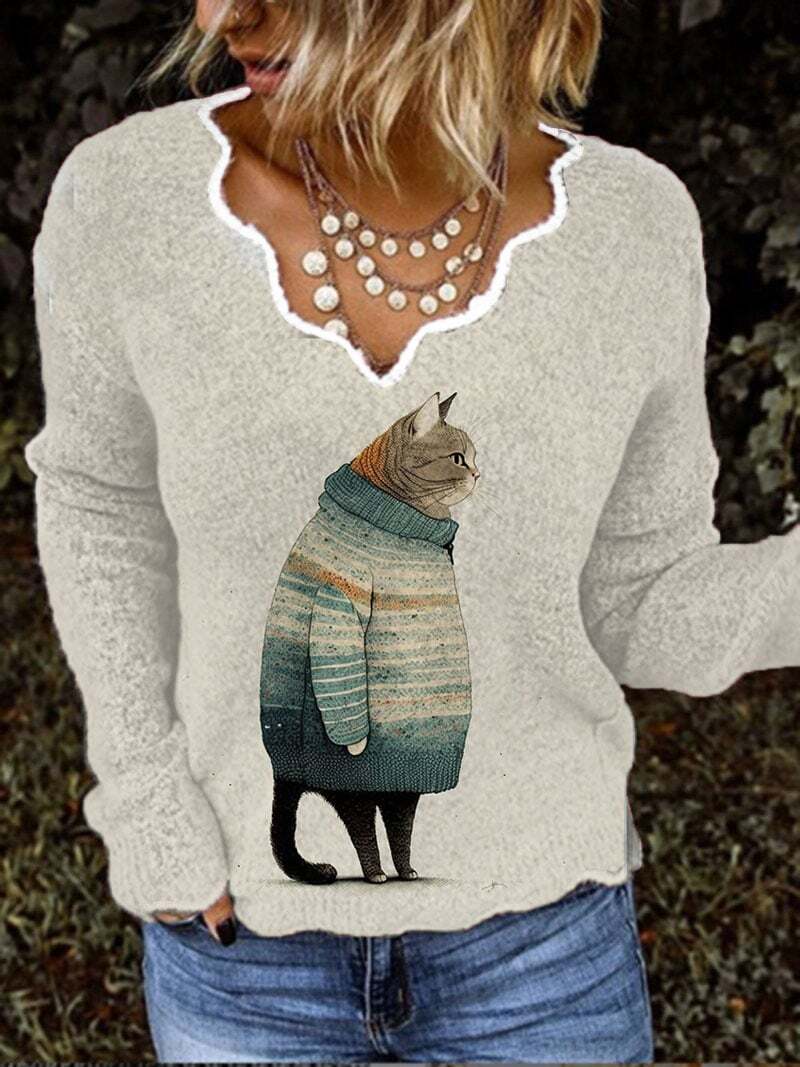 Women's Winter Cat Print V-neck Top