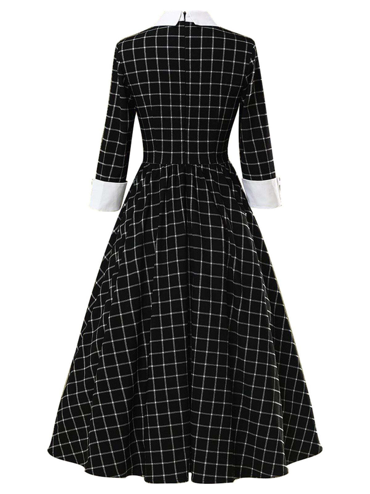 Black 1950s Plaid 3/4 Sleeve Swing Dress