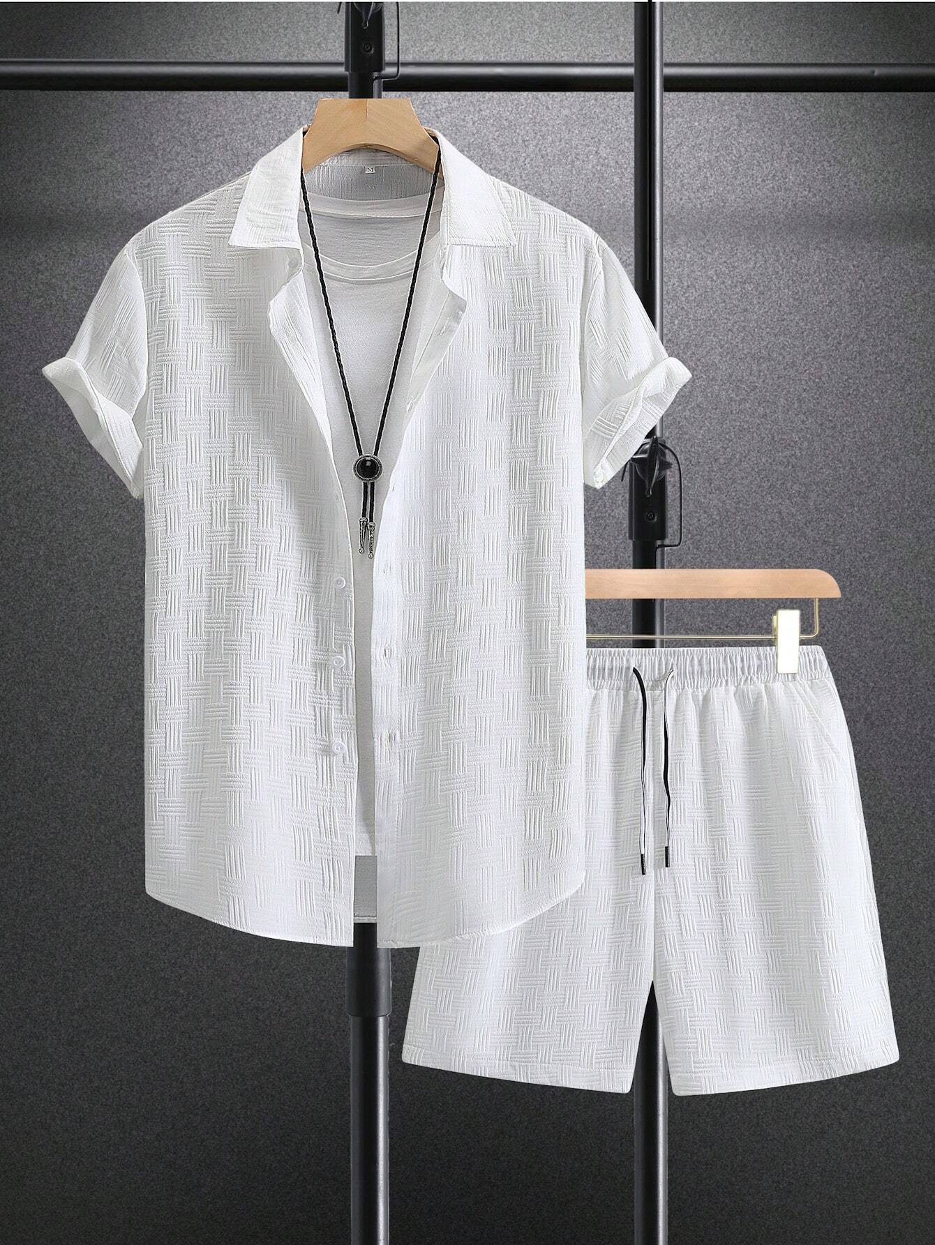 Men Solid Button Up Shirt & Shorts Set