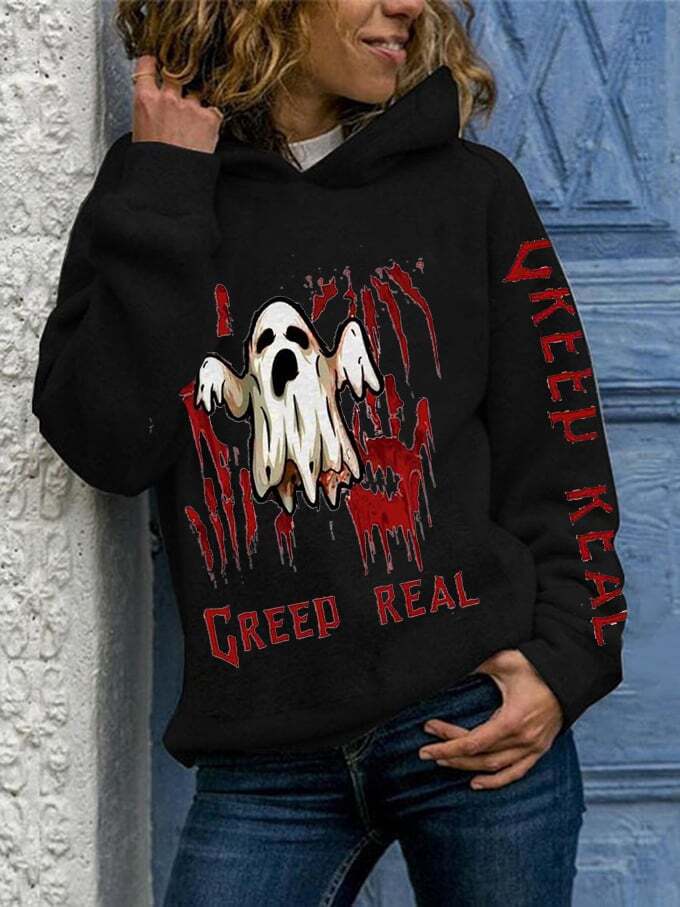 Women's Halloween Bloodstained Handprint Creep Real Boo Flower Hooded Sweatshirt