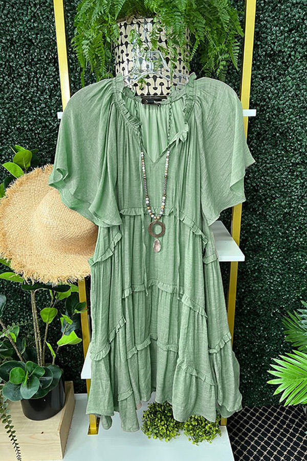 Solid Ruffled Sleeve Pleated V-Neck Dress